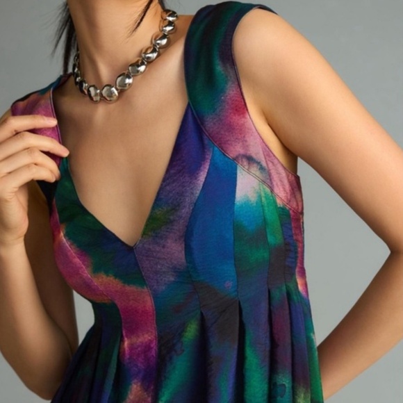NWT Anthropologie Watercolor Printed, Size Large, A-Line Maxi Dress Back Cut-Out - Picture 3 of 16